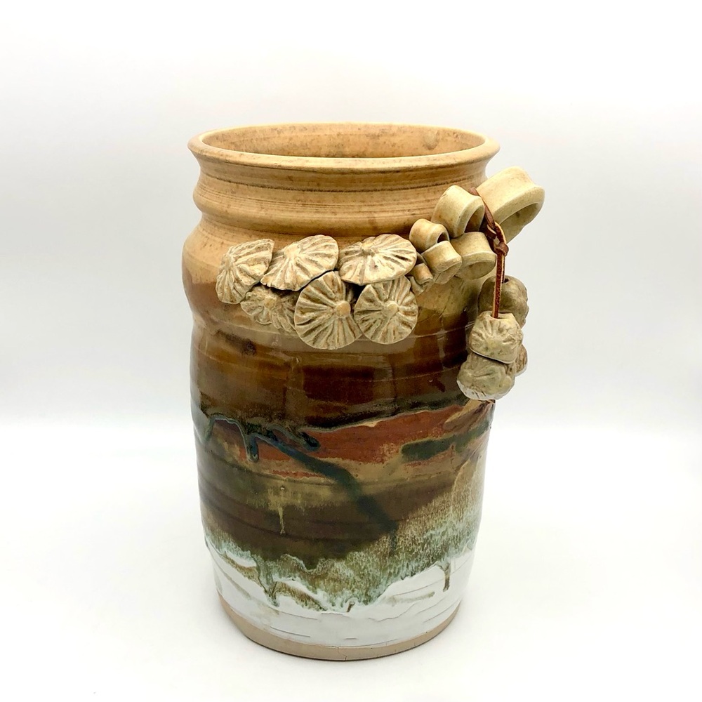 Large Pottery Crock Vase Hand Made Beads On Leather Dangle Applied Floral Relief - Picture 15 of 15